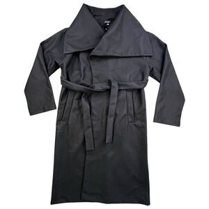 Shinestar Trench Overcoat Womens L Black Double Breasted Wrap Belt Large Collar